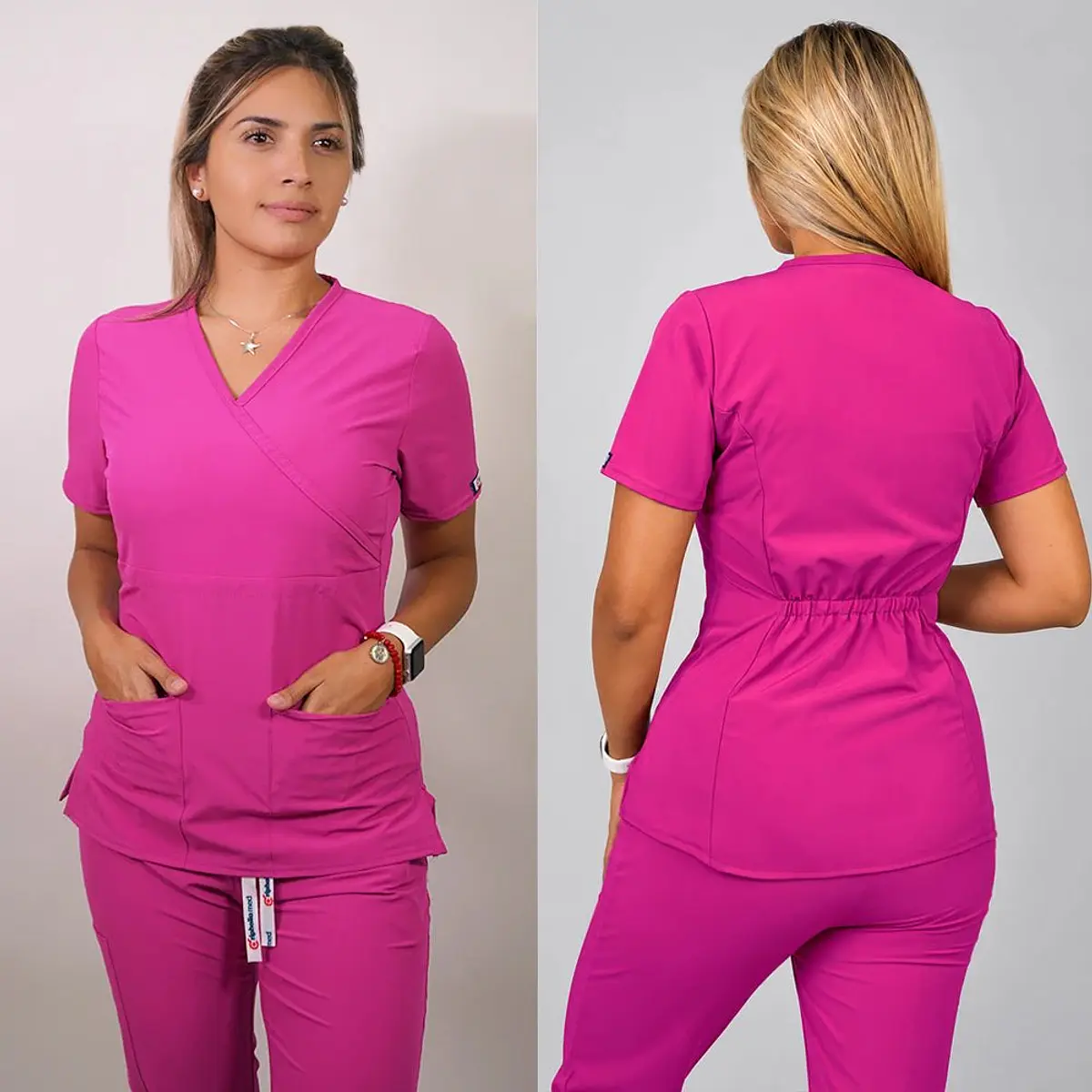Dúo Clínico Delantal Cuello V + Pantalón Flexxy Fucsia — libreta de bolsillo para estudiantes de enfermería | Enfermera Rosada (2)