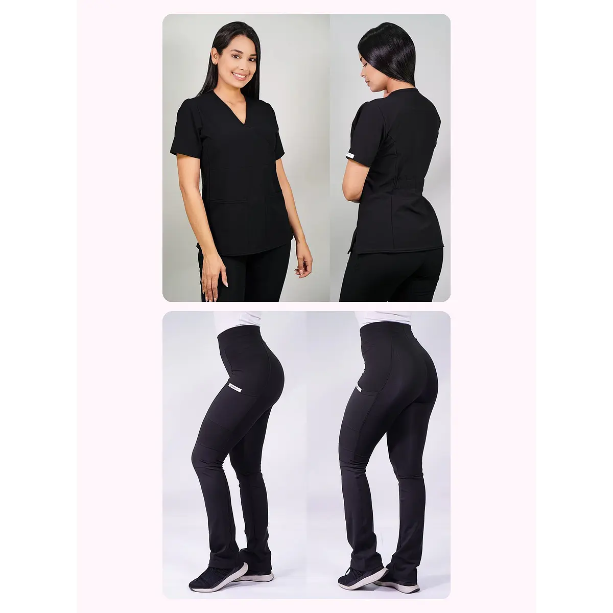 Dúo Clínico Delantal Cuello V + Pantalón Flexxy Negro — libreta de bolsillo para estudiantes de enfermería | Enfermera Rosada (1)