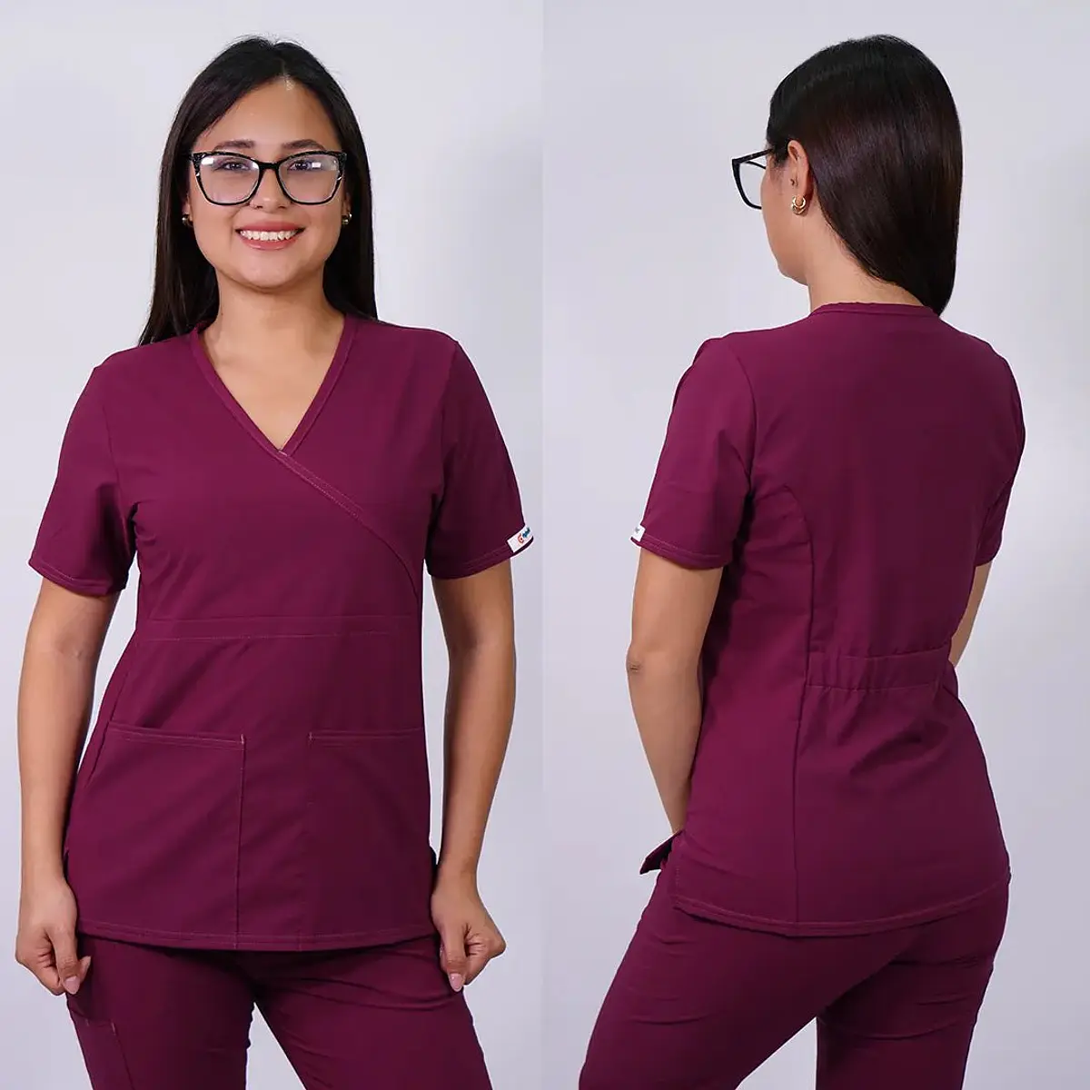 Dúo Clínico Delantal Cuello V + Pantalón Roma Burdeo — libreta de bolsillo para estudiantes de enfermería | Enfermera Rosada (2)