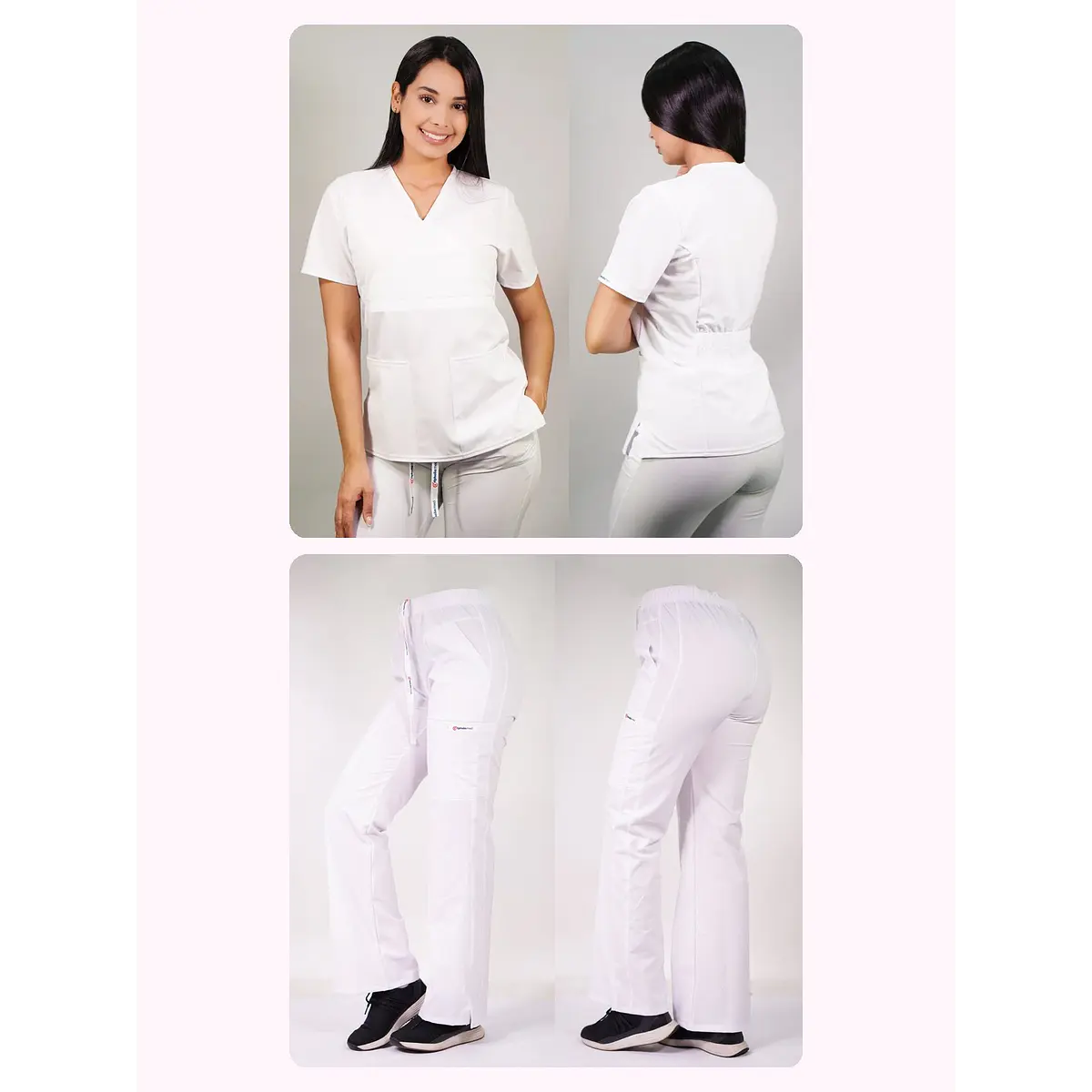 Dúo Clínico Delantal Cuello V + Pantalón Roma Blanco — libreta de bolsillo para estudiantes de enfermería | Enfermera Rosada (1)