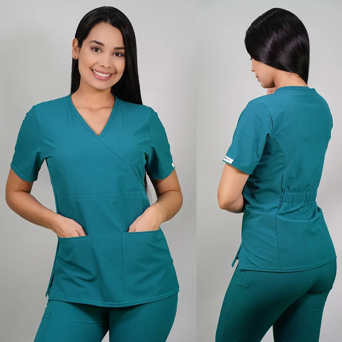 Dúo Clínico Delantal Cuello V + Pantalón Roma Verde Turquesa — libreta de bolsillo para estudiantes de enfermería | Enfermera Rosada (2)
