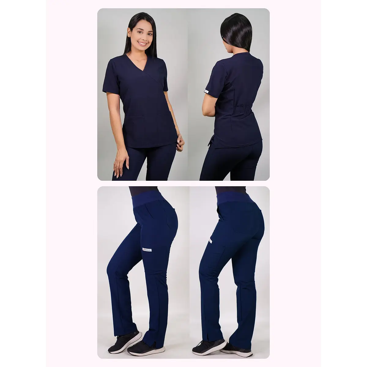 Dúo Clínico Delantal Cuello V + Pantalón PM Azul Marino — libreta de bolsillo para estudiantes de enfermería | Enfermera Rosada (1)