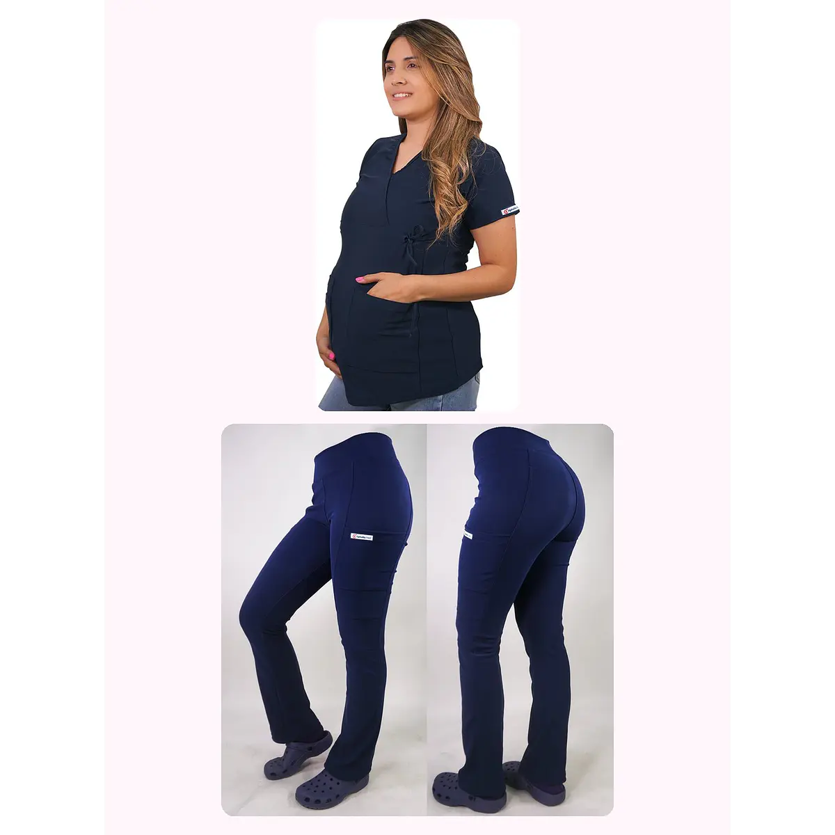 Dúo Clínico Delantal Maternal + Pantalón Spandex Azul Marino — libreta de bolsillo para estudiantes de enfermería | Enfermera Rosada (1)