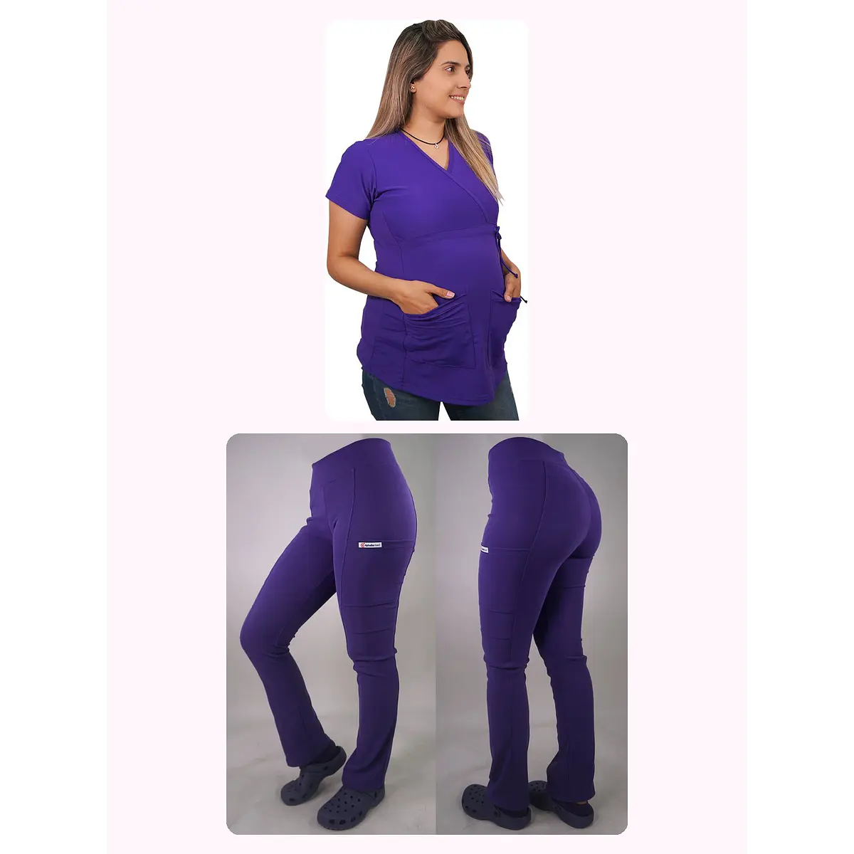 Dúo Clínico Delantal Maternal + Pantalón Spandex Morado — libreta de bolsillo para estudiantes de enfermería | Enfermera Rosada (1)
