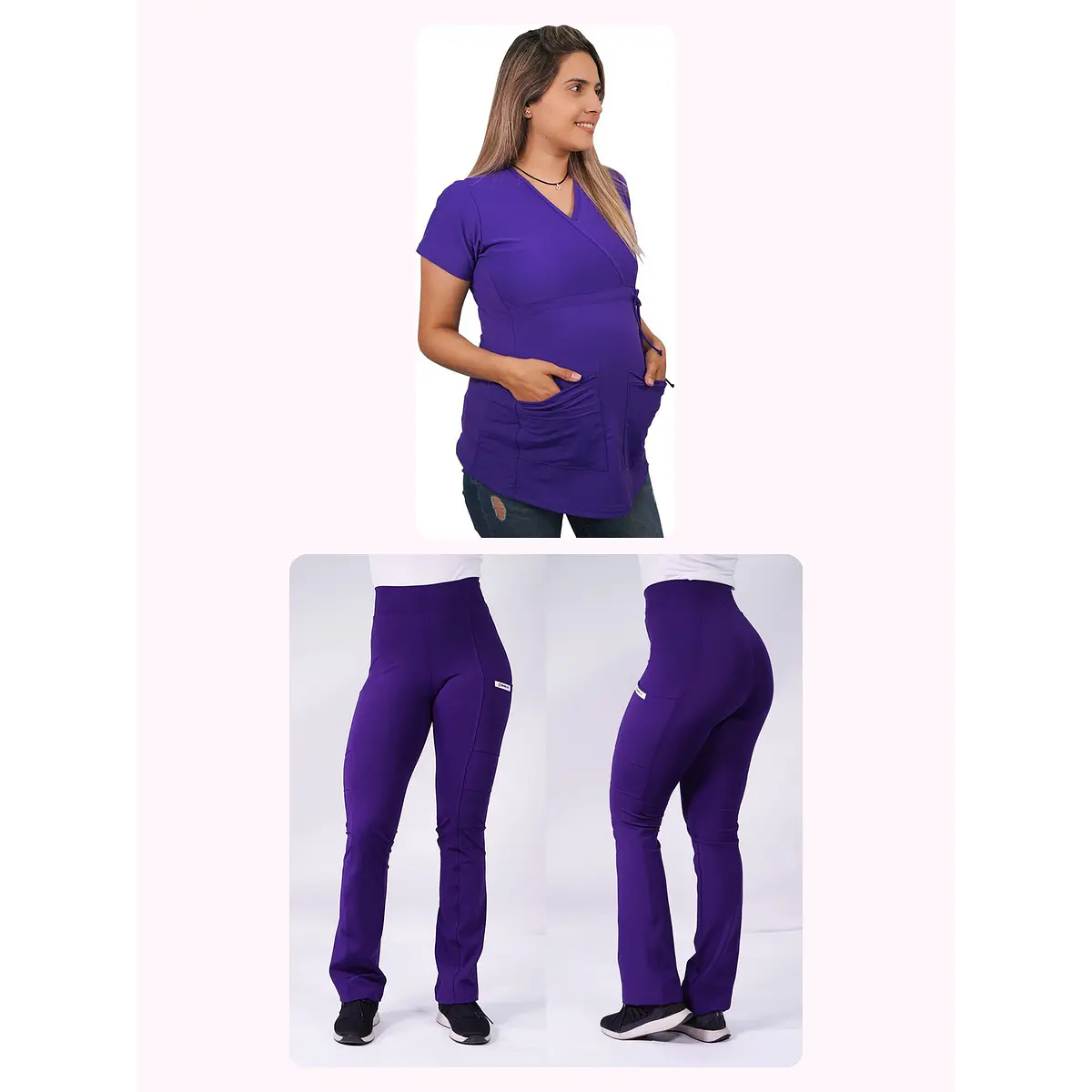 Dúo Clínico Delantal Maternal + Pantalón Flexxy Morado — libreta de bolsillo para estudiantes de enfermería | Enfermera Rosada (1)