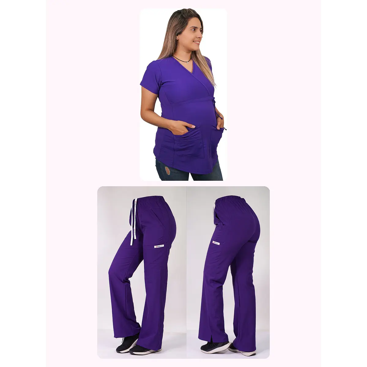 Dúo Clínico Delantal Maternal + Pantalón Roma Morado — libreta de bolsillo para estudiantes de enfermería | Enfermera Rosada (1)