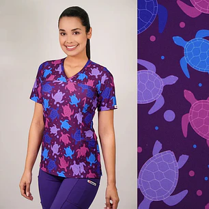 Delantal Elasticado Estampado Mujer Tortugas Morado — libreta de bolsillo para estudiantes de enfermería | Enfermera Rosada