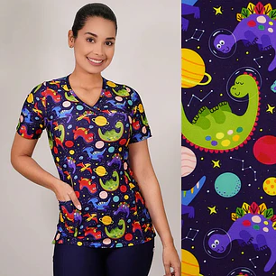 Delantal Elasticado Estampado Mujer Dinosaurios y Planetas Azul Marino — libreta de bolsillo para estudiantes de enfermería | Enfermera Rosada
