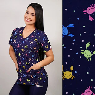 Delantal Elasticado Estampado Mujer Cangrejitos Azul Marino — libreta de bolsillo para estudiantes de enfermería | Enfermera Rosada