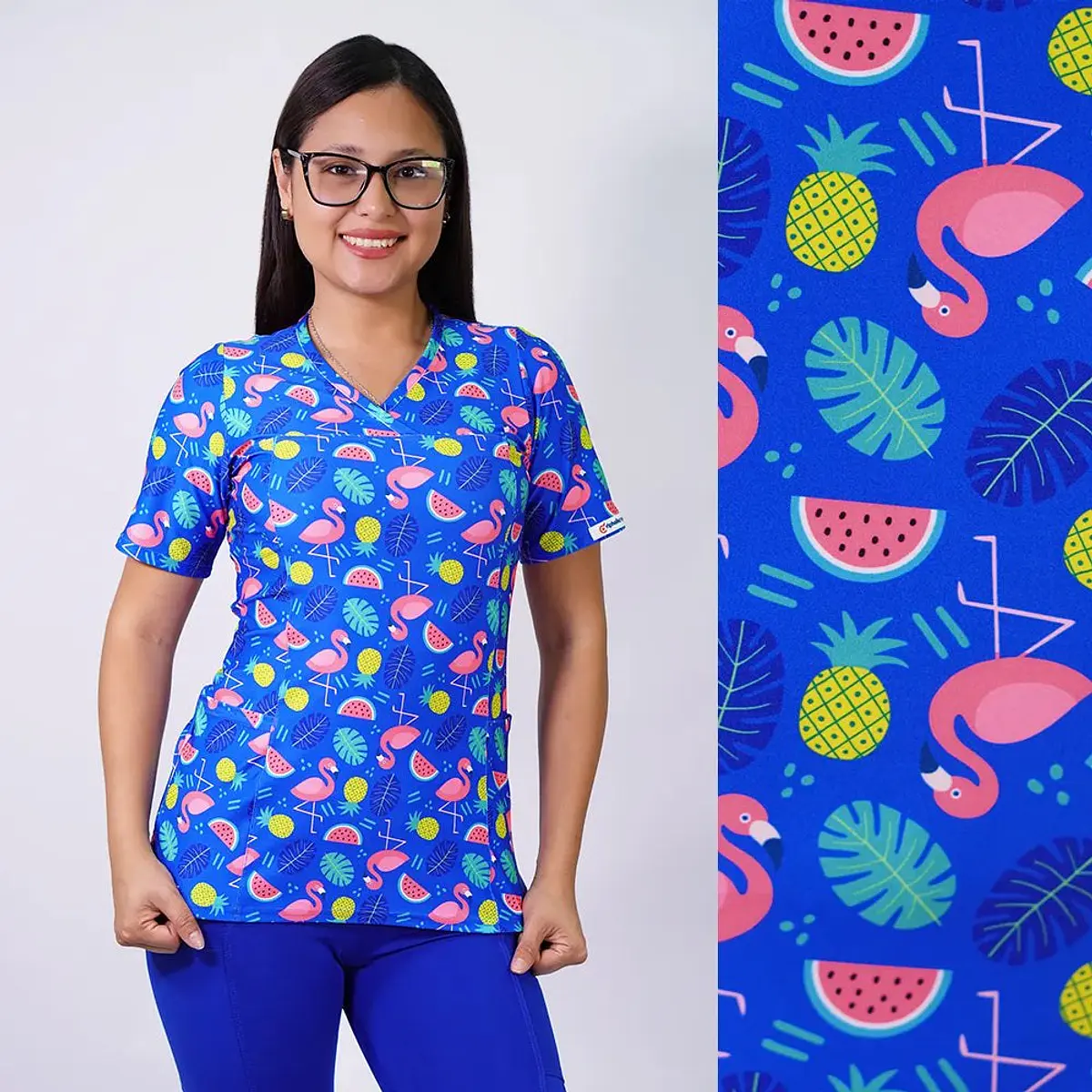 Delantal Elasticado Estampado Mujer Frutas Azul Rey — libreta de bolsillo para estudiantes de enfermería | Enfermera Rosada (1)