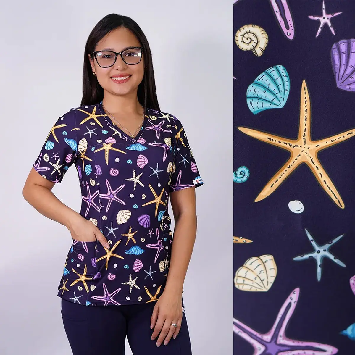 Delantal Elasticado Estampado Mujer Estrellas de Mar Morado — libreta de bolsillo para estudiantes de enfermería | Enfermera Rosada (1)