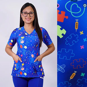 Delantal Elasticado Estampado Mujer Flores Azul Rey — libreta de bolsillo para estudiantes de enfermería | Enfermera Rosada
