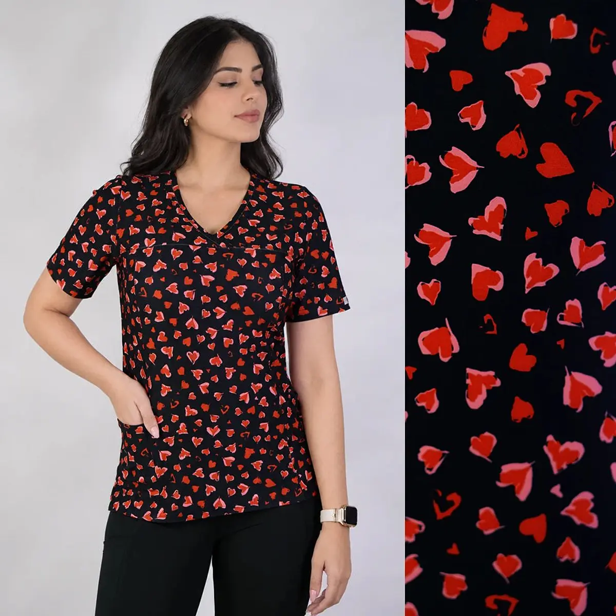 Delantal Elasticado Estampado Mujer Corazoncitos Rojos Negro — libreta de bolsillo para estudiantes de enfermería | Enfermera Rosada (1)