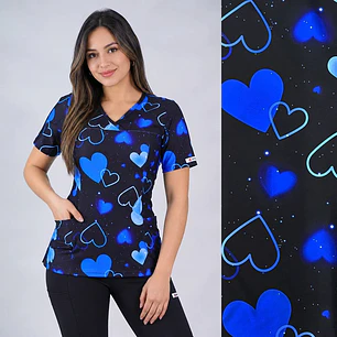 Delantal Elasticado Estampado Mujer Corazones Azules Negro — libreta de bolsillo para estudiantes de enfermería | Enfermera Rosada