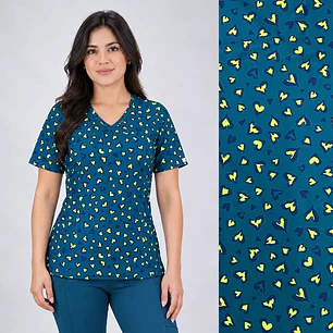 Delantal Elasticado Estampado Mujer Corazoncitos Amarillos Verde Petróleo — libreta de bolsillo para estudiantes de enfermería | Enfermera Rosada