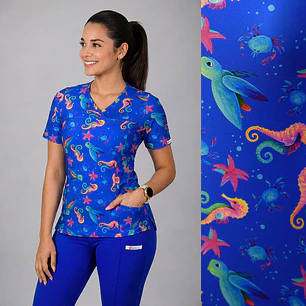Delantal Elasticado Estampado Mujer Caballitos de Mar Azul Rey — libreta de bolsillo para estudiantes de enfermería | Enfermera Rosada