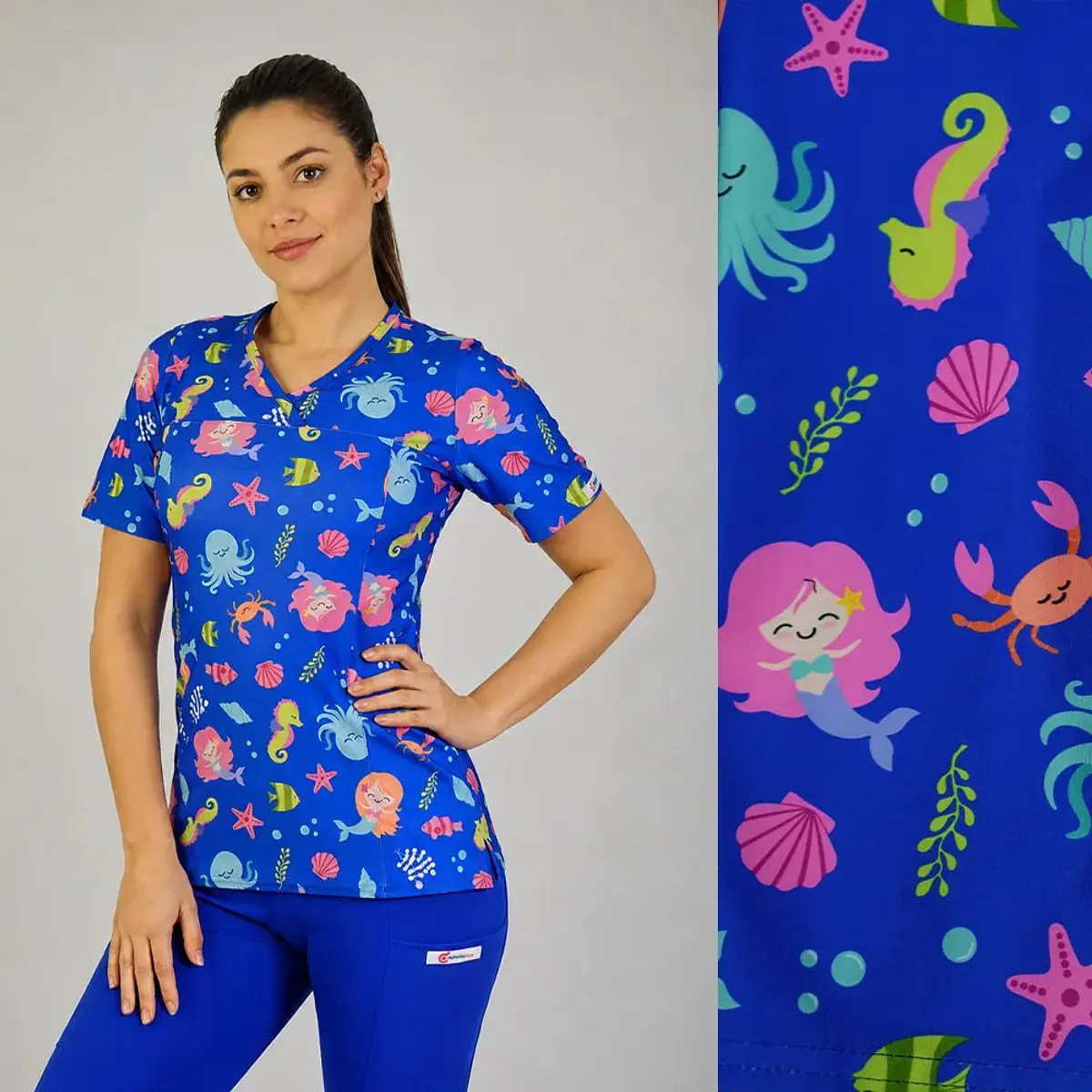 Delantal Elasticado Estampado Mujer Fondo Marino Azul Rey — libreta de bolsillo para estudiantes de enfermería | Enfermera Rosada (1)