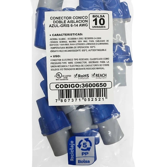 CONECTOR CONICO DOBLE AISLACION AZUL-GRIS 6-14 AWG BOLSA 10 UNIDADES LEXO