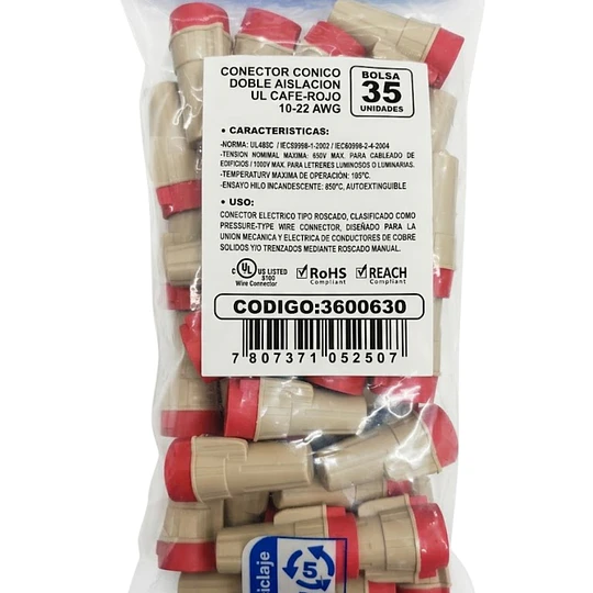 CONECTOR CONICO DOBLE AISLACION UL CAFE-ROJO 10-22 AWG BOLSA 35 UNIDADES LEXO