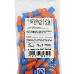 CONECTOR CONICO DOBLE AISLACION NARANJO-AZUL 12-22 AWG BOLSA 50 UNIDADES LEXO