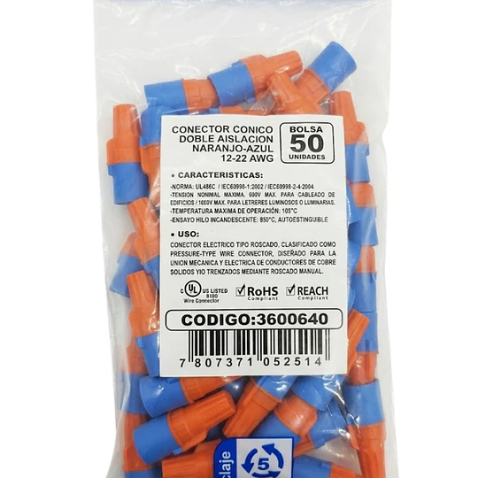 CONECTOR CONICO DOBLE AISLACION NARANJO-AZUL 12-22 AWG BOLSA 50 UNIDADES LEXO