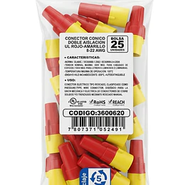CONECTOR CONICO DOBLE AISLACION UL ROJO-AMARILLO 8-22 AWG BOLSA 25 UNIDADES LEXO