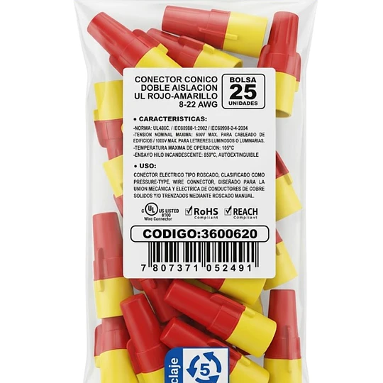 CONECTOR CONICO DOBLE AISLACION UL ROJO-AMARILLO 8-22 AWG BOLSA 25 UNIDADES LEXO