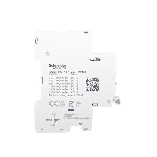 Contacto auxiliar, Acti9 A9A, iOF, 1 C/O, 100 mA a 6A, 24 VCA a 415 VCA, 24-130 VCC, conexión inferior Schneider Electric  