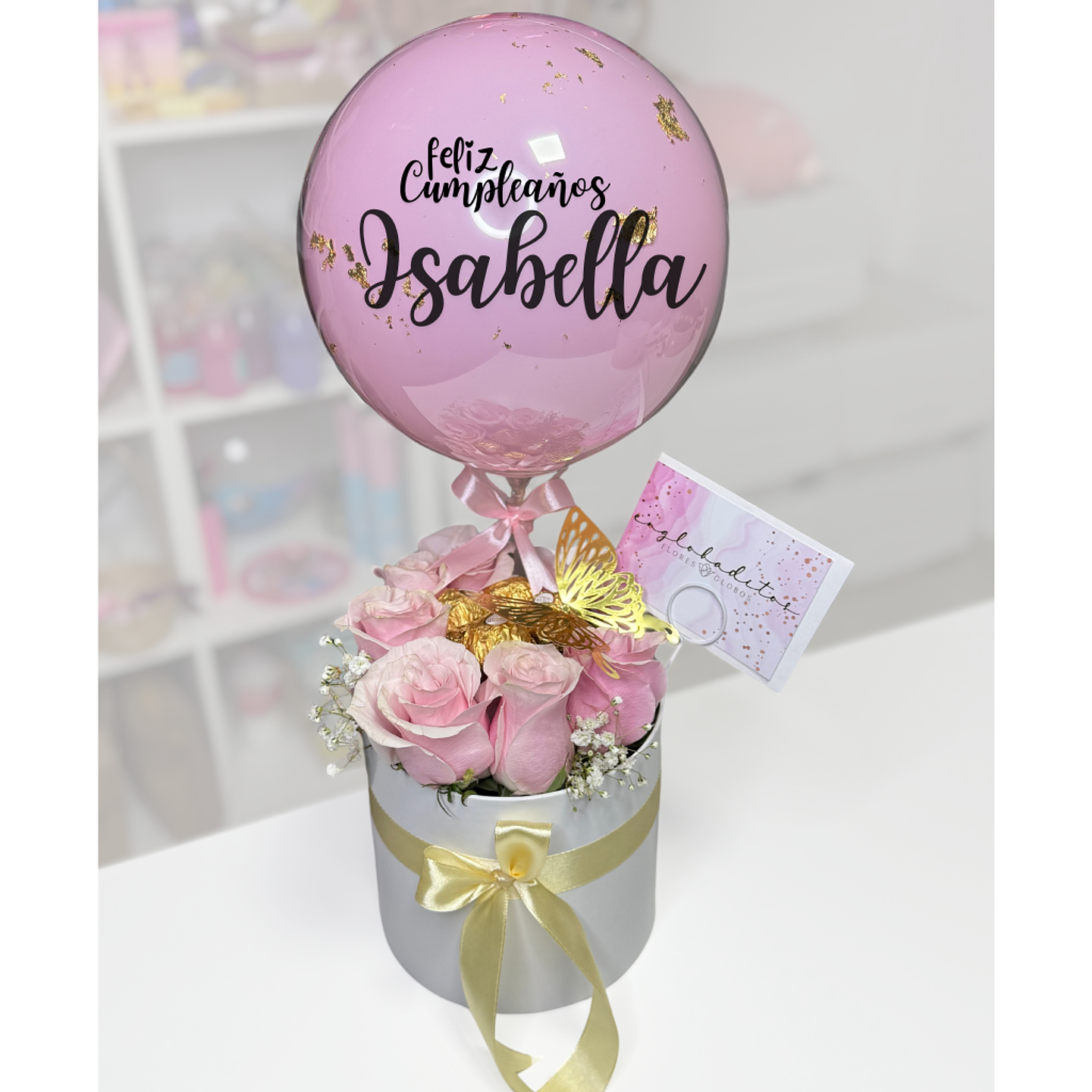 Caja Cilindro 8 Rosas bombones con Globo personalizado 1