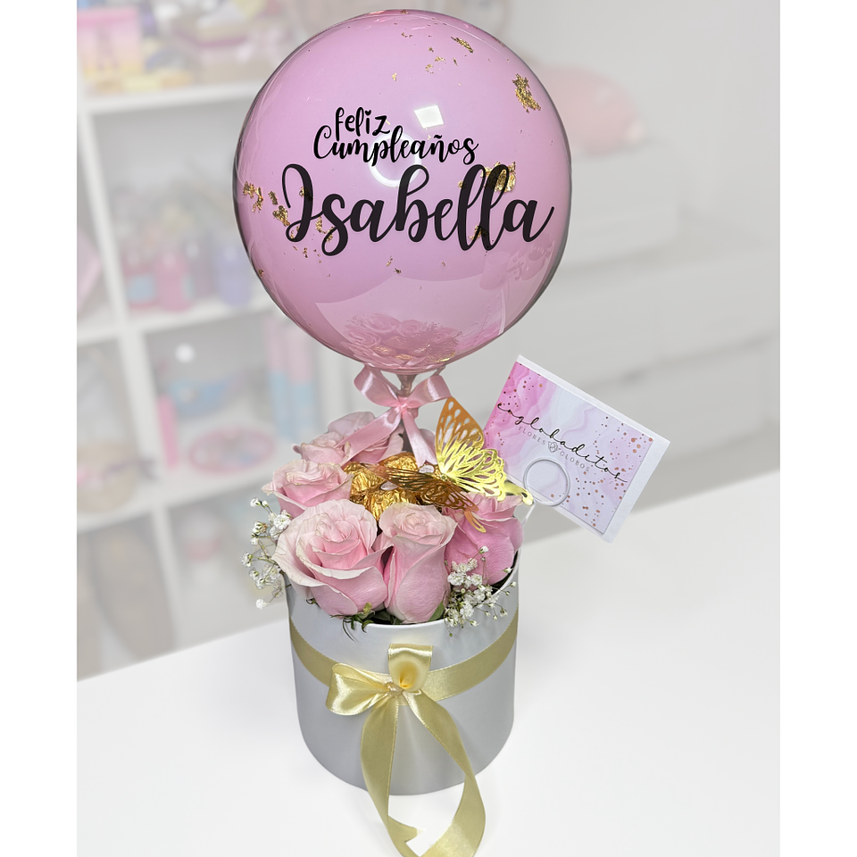 Caja Cilindro 8 Rosas bombones con Globo personalizado 1