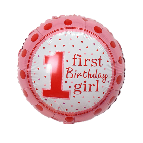 Globo Foil Metálico Redondo 1er Cumpleaños Niña con Helio 45cm