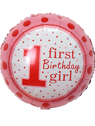 Globo Foil Metálico Redondo 1er Cumpleaños Niña con Helio 45cm