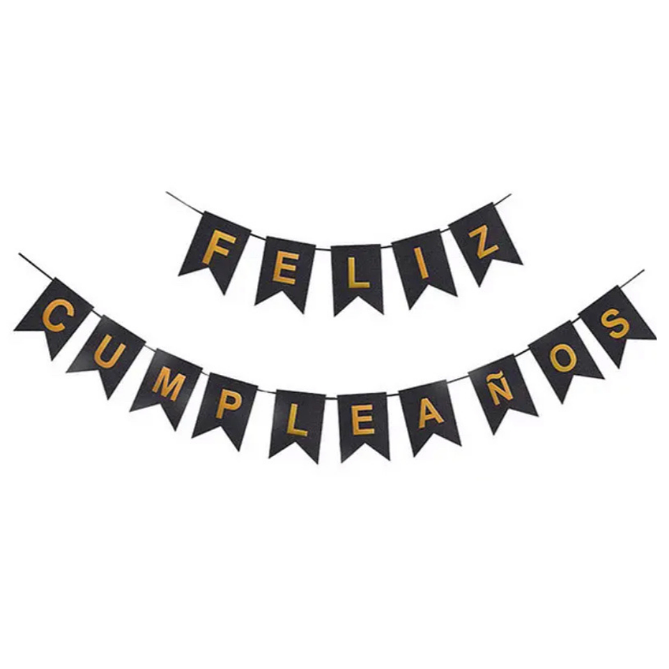 Banderín Guirnalda Feliz cumpleaños Negro Brillante y Dorado 3m 1