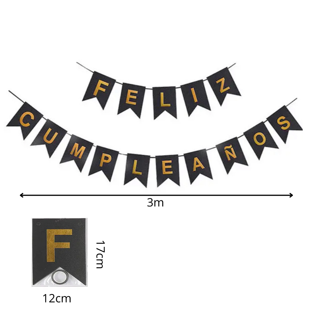 Banderín Guirnalda Feliz cumpleaños Negro Brillante y Dorado 3m 2