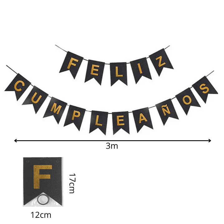 Banderín Guirnalda Feliz cumpleaños Negro Brillante y Dorado 3m 2