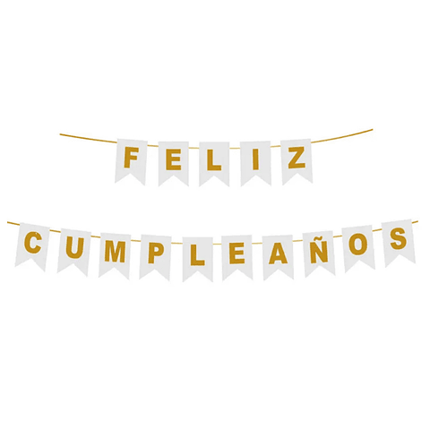 Banderín Guirnalda Feliz cumpleaños Blanco y Dorado 3m