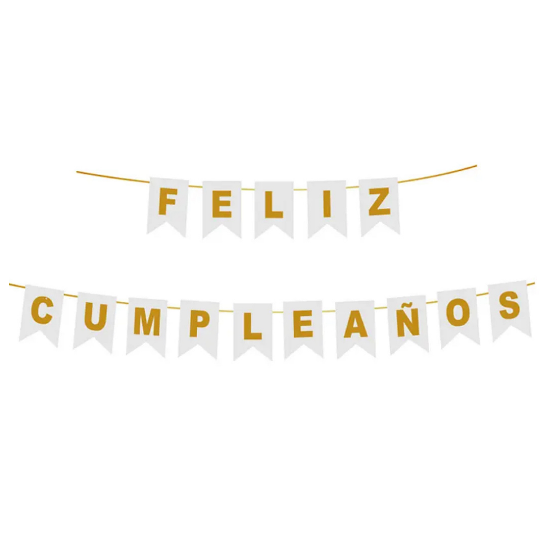 Banderín Guirnalda Feliz cumpleaños Blanco y Dorado 3m 1