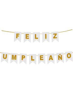 Banderín Guirnalda Feliz cumpleaños Blanco y Dorado 3m