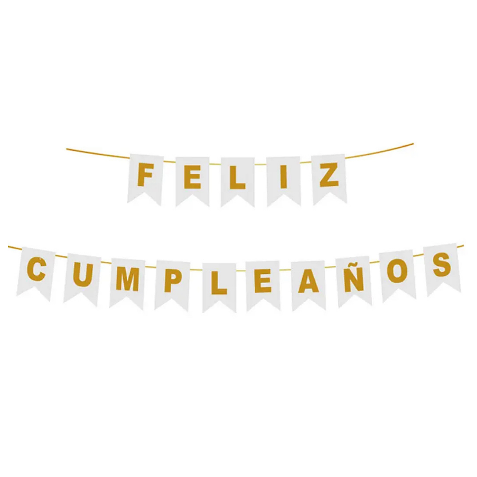 Banderín Guirnalda Feliz cumpleaños Blanco y Dorado 3m 1