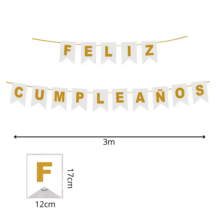 Banderín Guirnalda Feliz cumpleaños Blanco y Dorado 3m 2