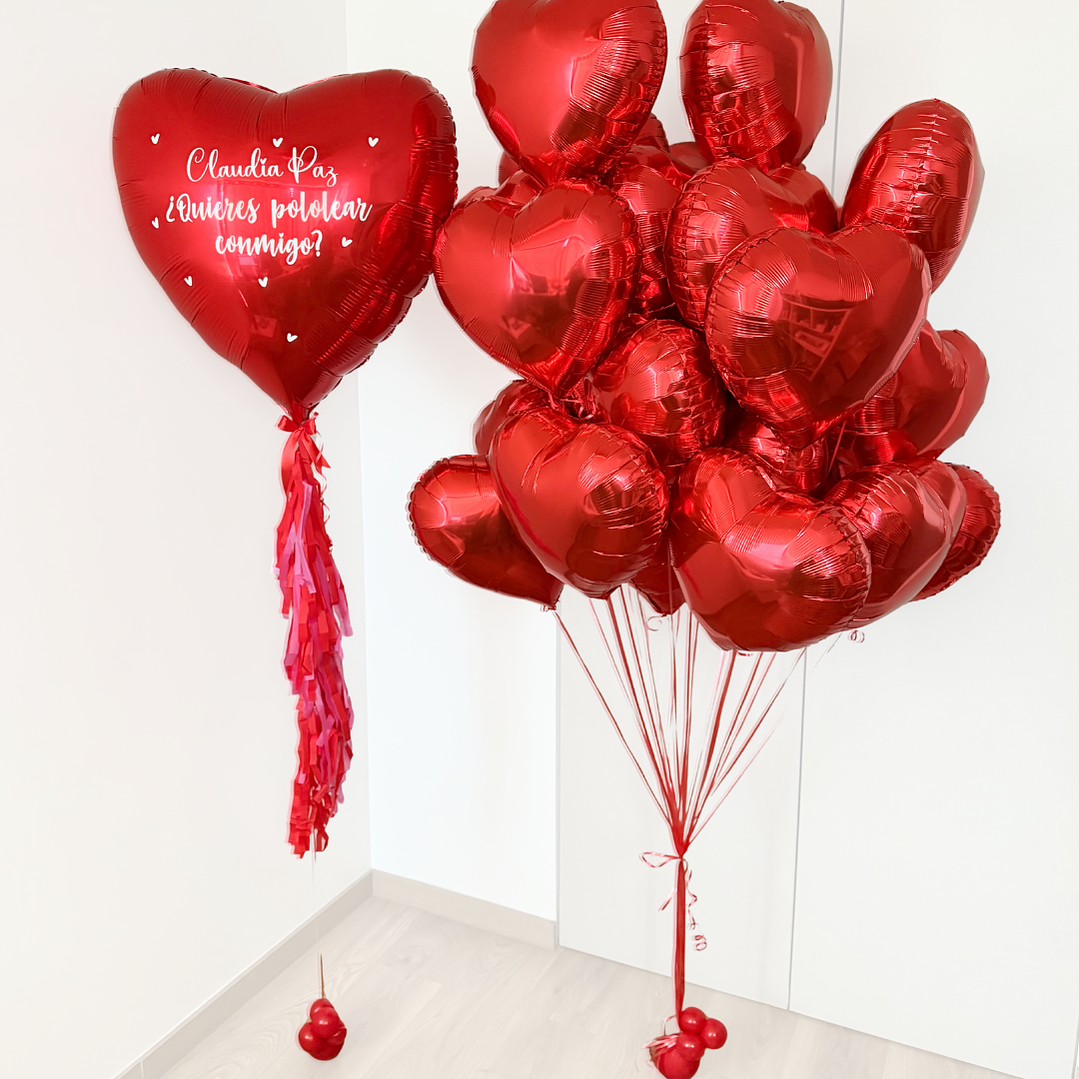 Racimo 25 Globos Corazon más 1 Globo Corazon Personalizado con Helio 1