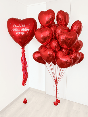 Racimo 25 Globos Corazon más 1 Globo Corazon Personalizado con Helio