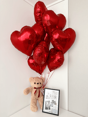 Oso Teddy Racimo Globos Corazón y Cuadro Personalizado