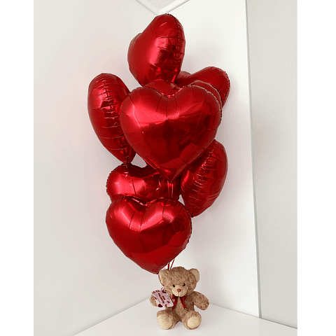 Oso Teddy con 10 Globos Corazón con Helio