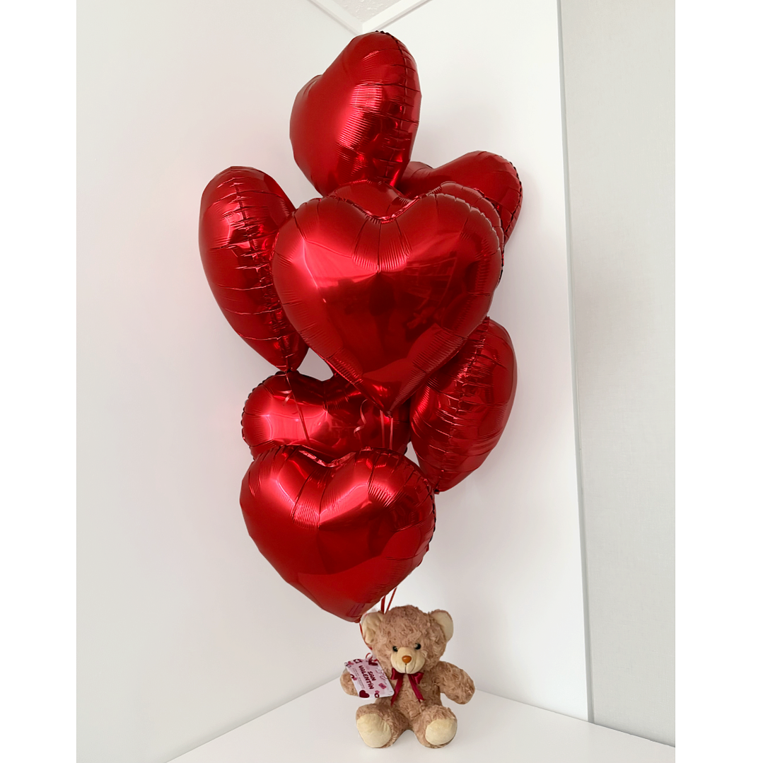 Oso Teddy con 10 Globos Corazón con Helio 1