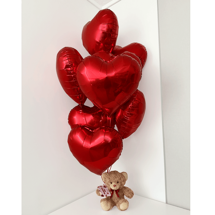 Oso Teddy con 10 Globos Corazón con Helio 1