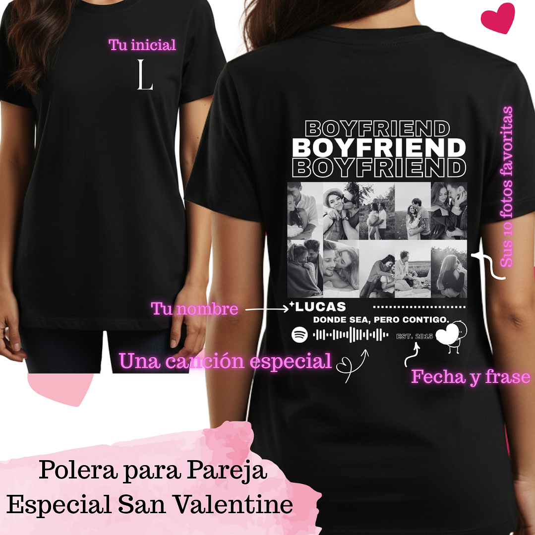Polera Mujer Personalizada San Valentín – Diseño Foto, Nombre y Spotify Code 1