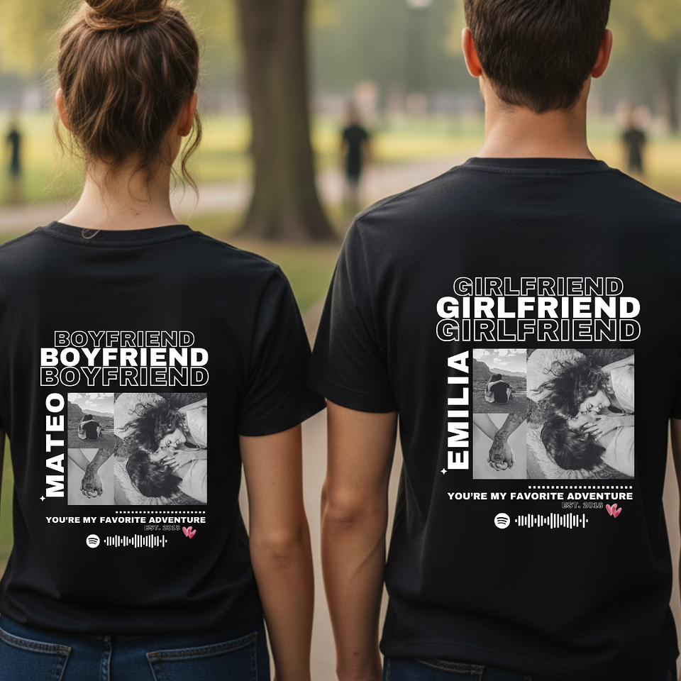 Pack Poleras Pareja Personalizadas – Collage 3 Fotos, Spotify y Frase 1