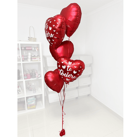 Ramo de 5 Globos Metálicos de Corazón - Rojo Pasión con Helio