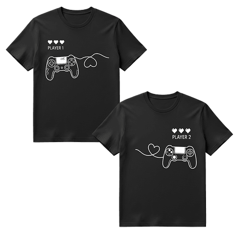 Pack 2 Poleras Gamer Pareja - Player 1 & Player 2 "Connected Hearts"